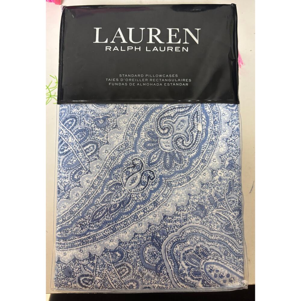 Lauren Ralph Lauren Paisley Two 2 Standard Pillowcases Blue White Cotton NIP New
